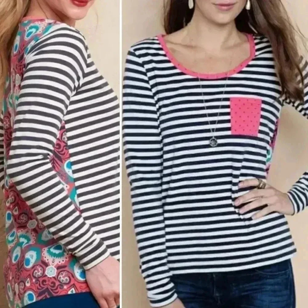 Matilda Jane Shea Friends Forever Striped Pocket Tee Top Relaxed Fit Women's S
